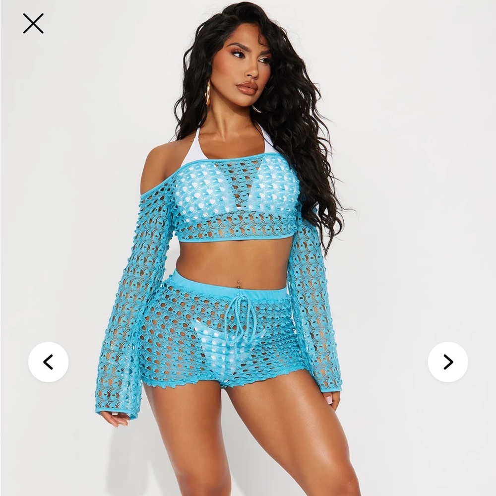 NWT Fashion Nova Trip To The Beach 2 Piece Swim Cover Up Set Blue Small Shorts